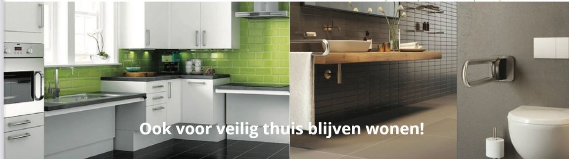 Kitchen and bathroom scenes; white cabinets, green backsplash, toilet and towel holder. Text 