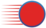 Red circle with blue outline and red motion lines on a white background