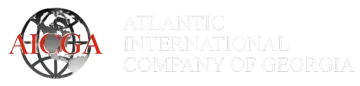 AICGA logo with a gray globe and red letters, beside faint text reading “Atlantic International Company of Georgia.”
