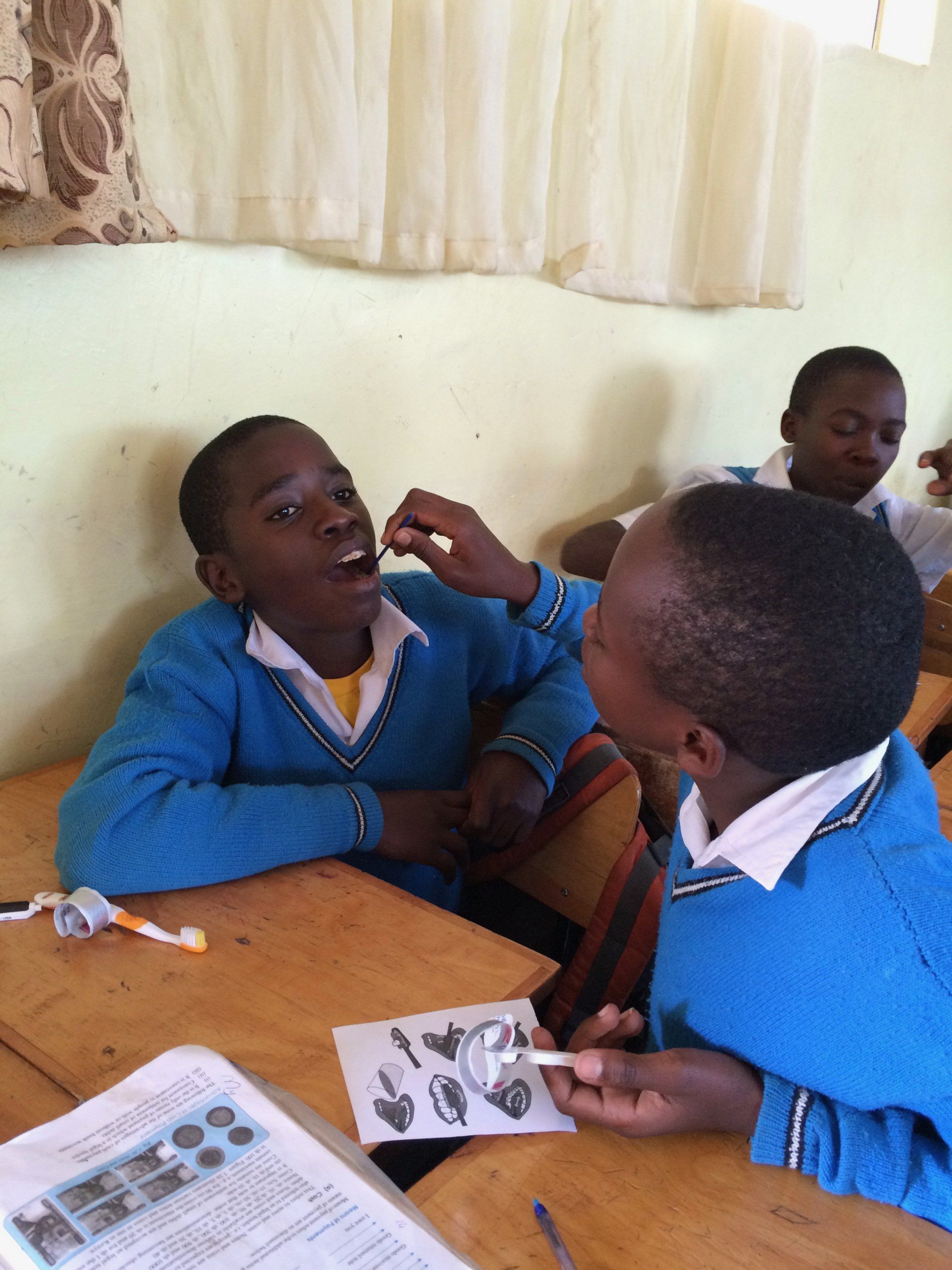 Two boys in blue sweaters are sitting at a desk