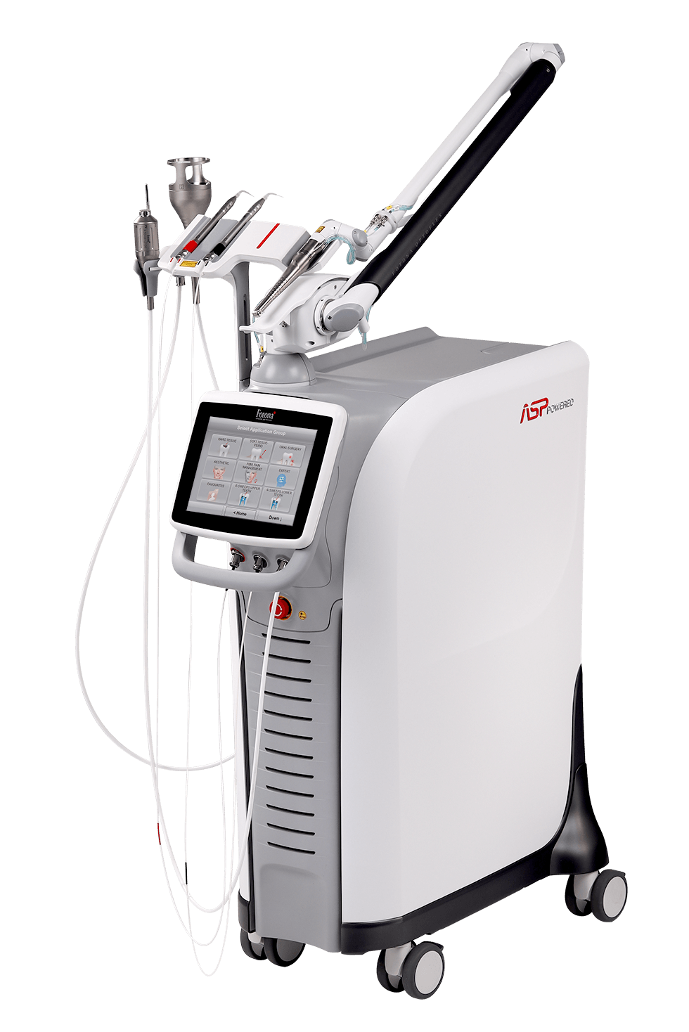 A white and gray machine with wheels and a monitor on a white background.