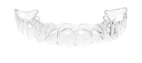 A close up of a clear brace on a white background.