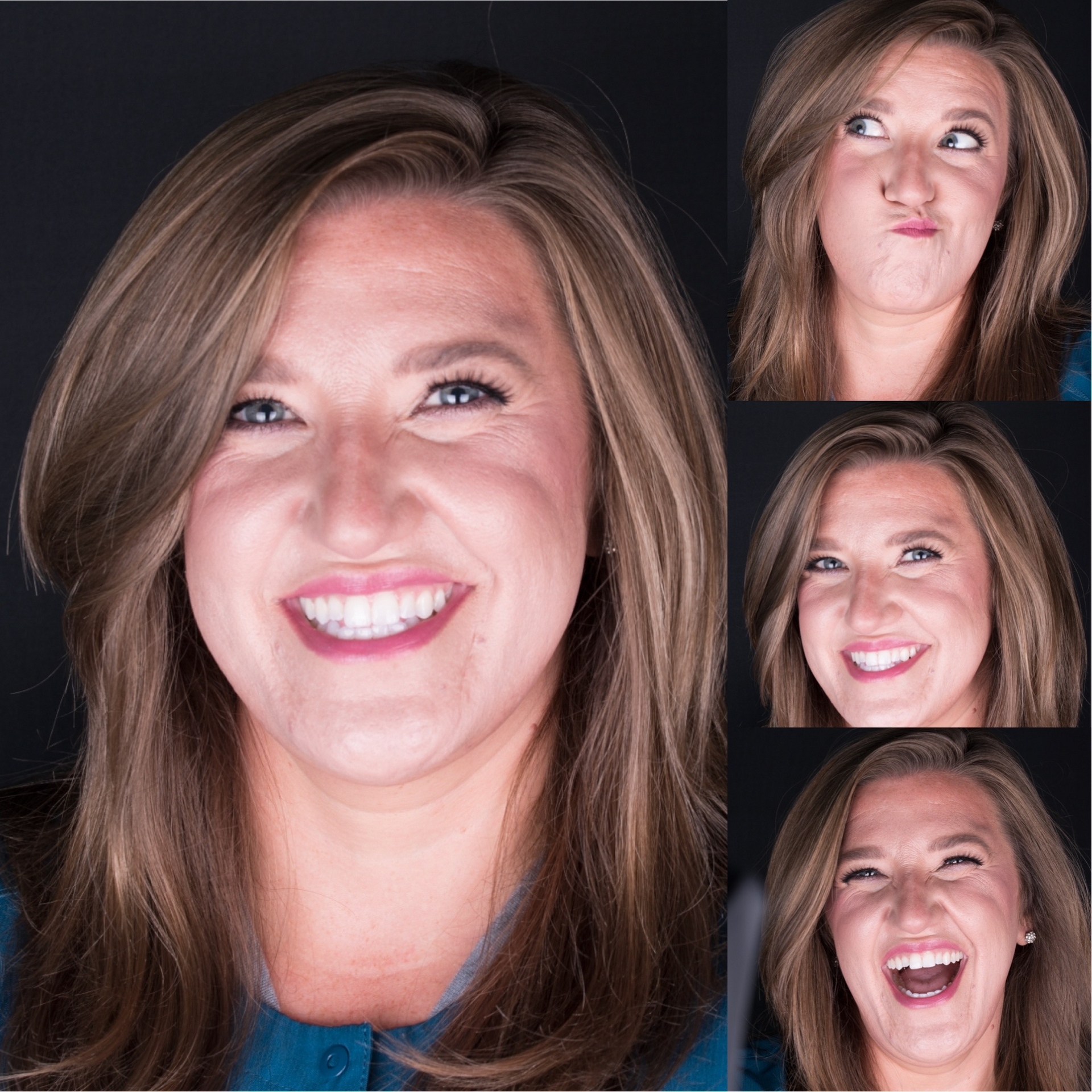 A woman is smiling and making different faces while wearing a blue shirt