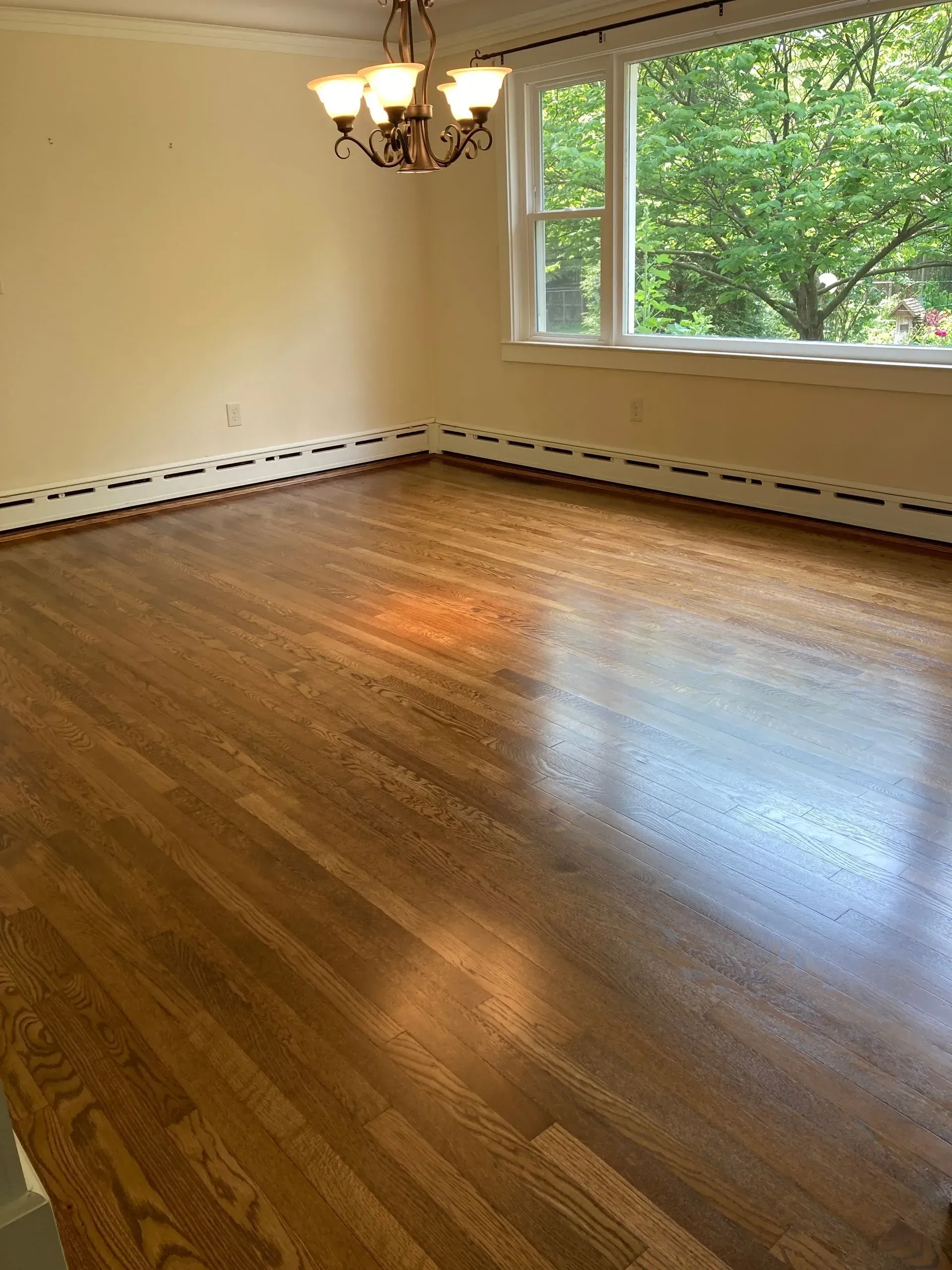 Wooden floor in a room with cream-colored walls, a window with a view of greenery, and a chandelier.