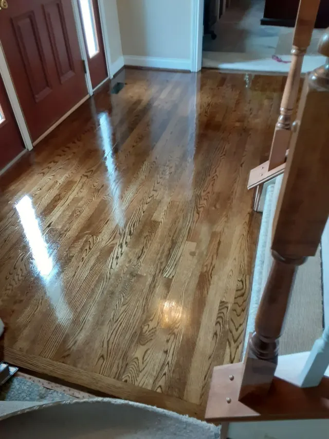 Person applying finish to hardwood floor, kneeling, wearing gloves and knee pads.