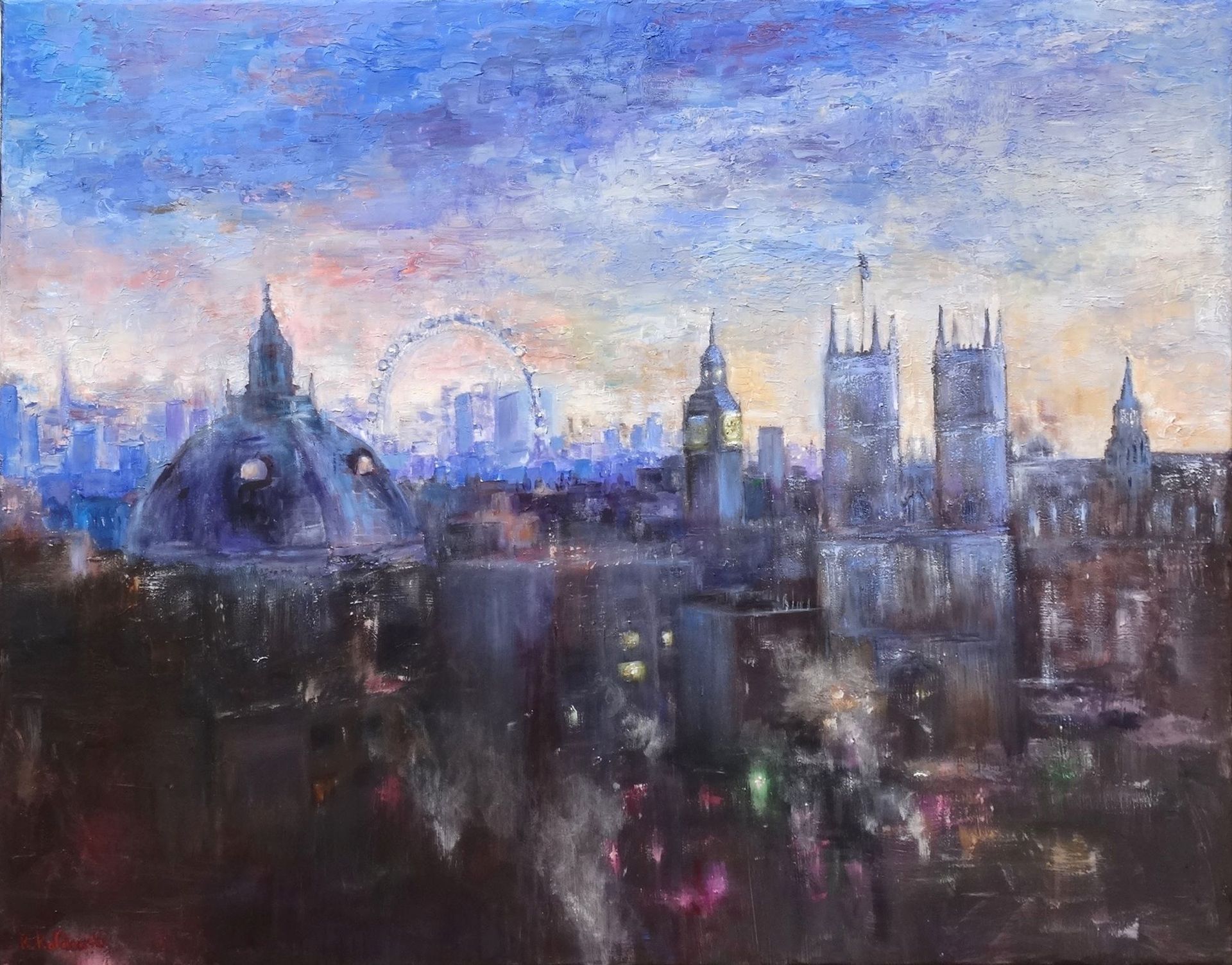 Dusk @ Westminster painting of Westminster Abbey, Big Ben and Methodist Hall 
acrylic on canvas 91 x 122cm
