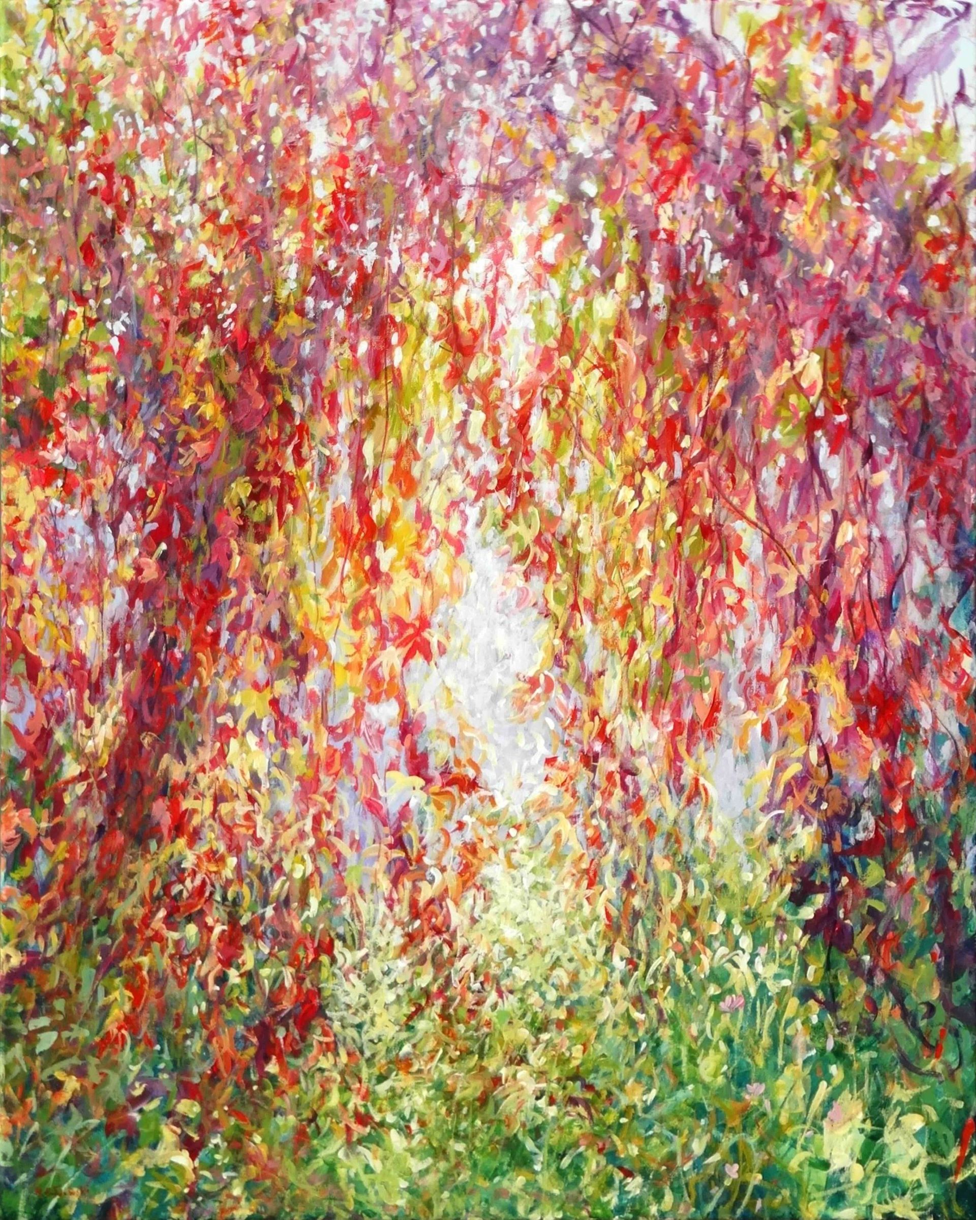 Painting by Mariusz Kaldowski – acrylic artwork of cascading autumn leaves in rich hues
