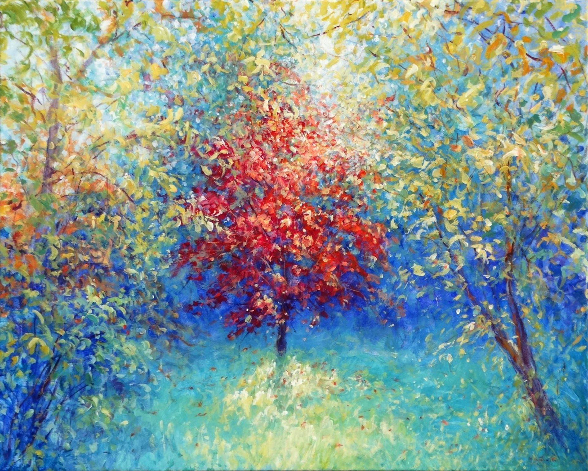 Painting by Mariusz Kaldowski – acrylic landscape artwork of trees in vibrant autumn colours