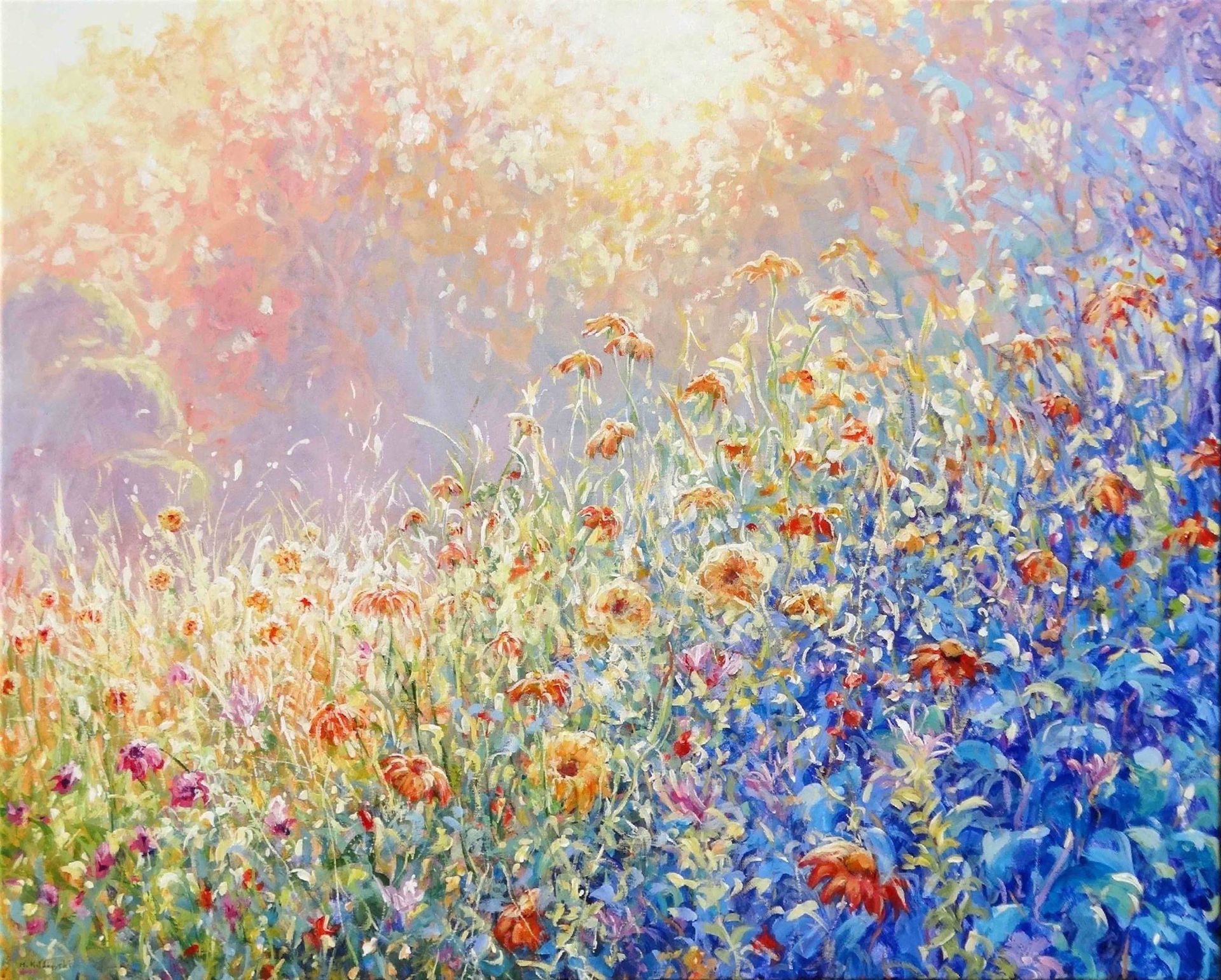 Border Whispers – painting by Mariusz Kaldowski, acrylic landscape of a sunlit border filled with blossoms