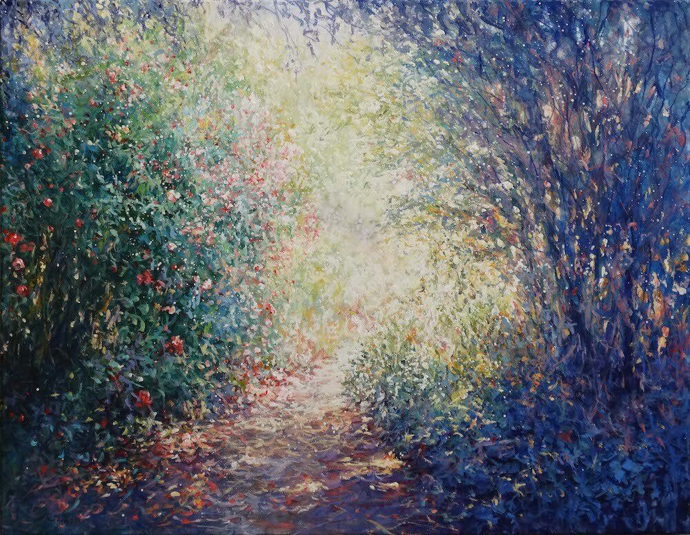 National Trust painting by Mariusz Kaldowski — acrylic on canvas, inspired by a nature path at Nymans