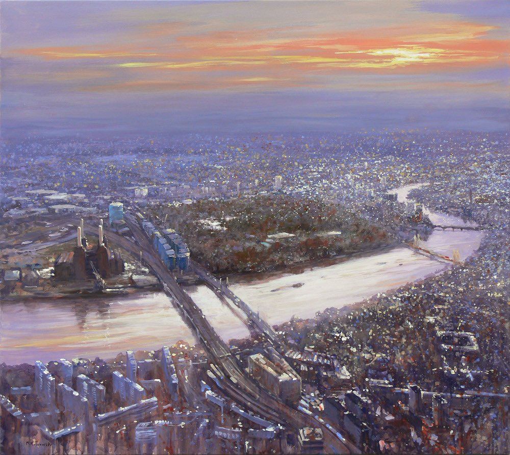 Birds Eye View of Battersea Power Station — London cityscape by Mariusz Kaldowski, acrylic on canvas.
