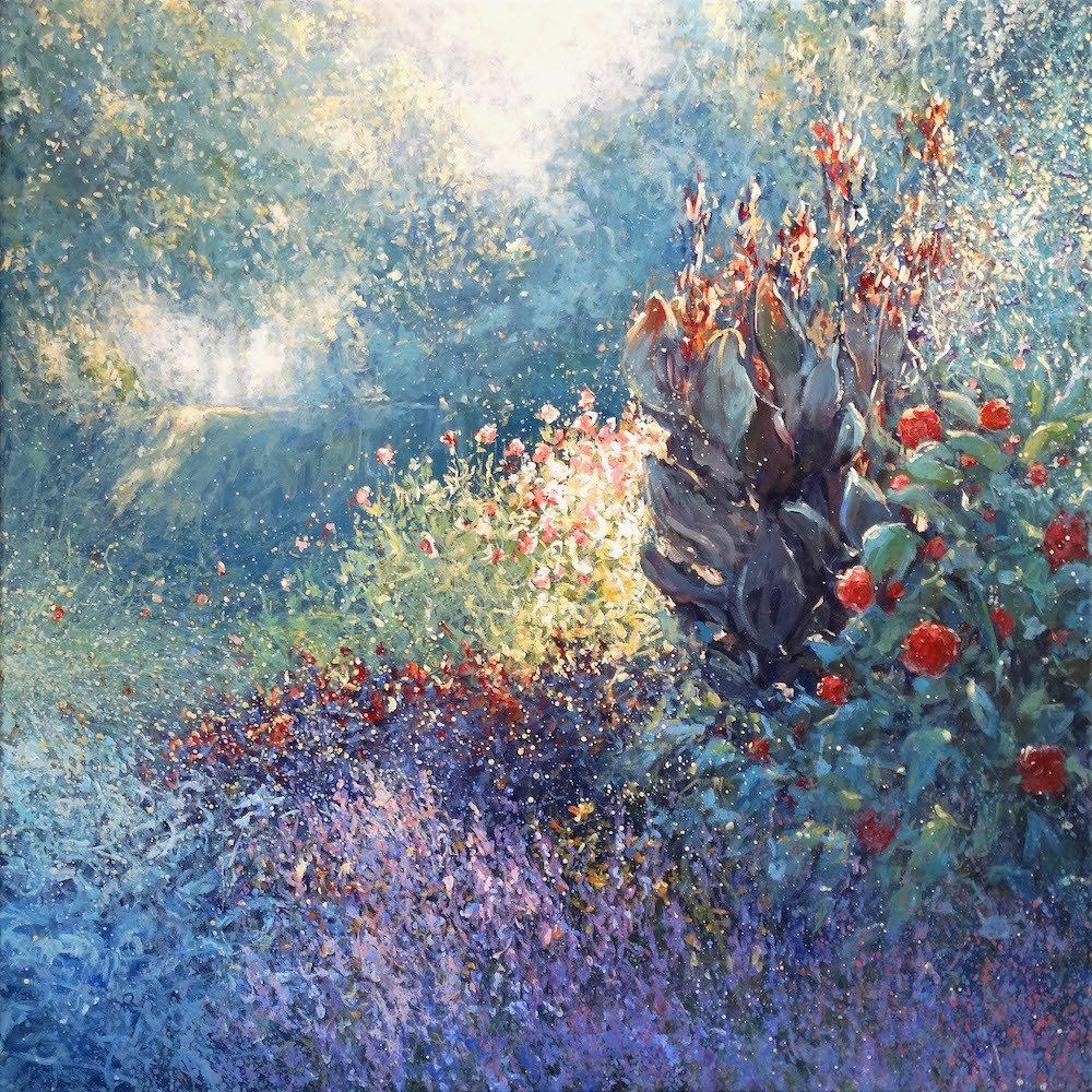 National Trust painting by Mariusz Kaldowski — acrylic on canvas, inspired by flower border with canas at Nymans