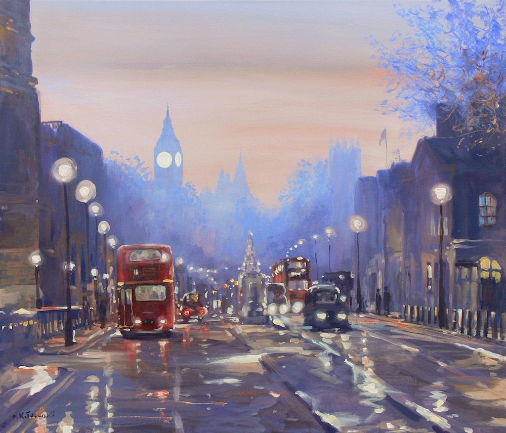 Big Ben View from Trafalgar Square — London landmark painting by Mariusz Kaldowski, acrylic on canvas.