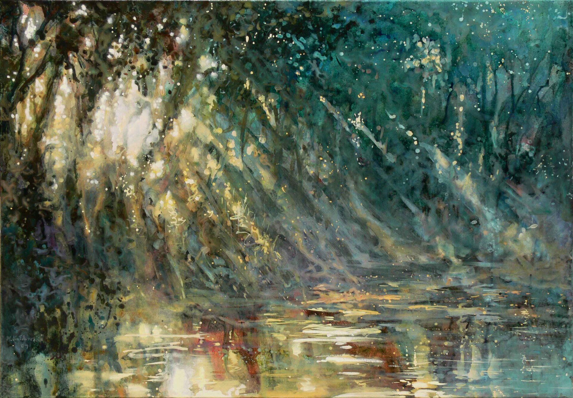 Regent’s Park landscape painting No. 10 by Mariusz Kaldowski — acrylic on canvas, river in London park