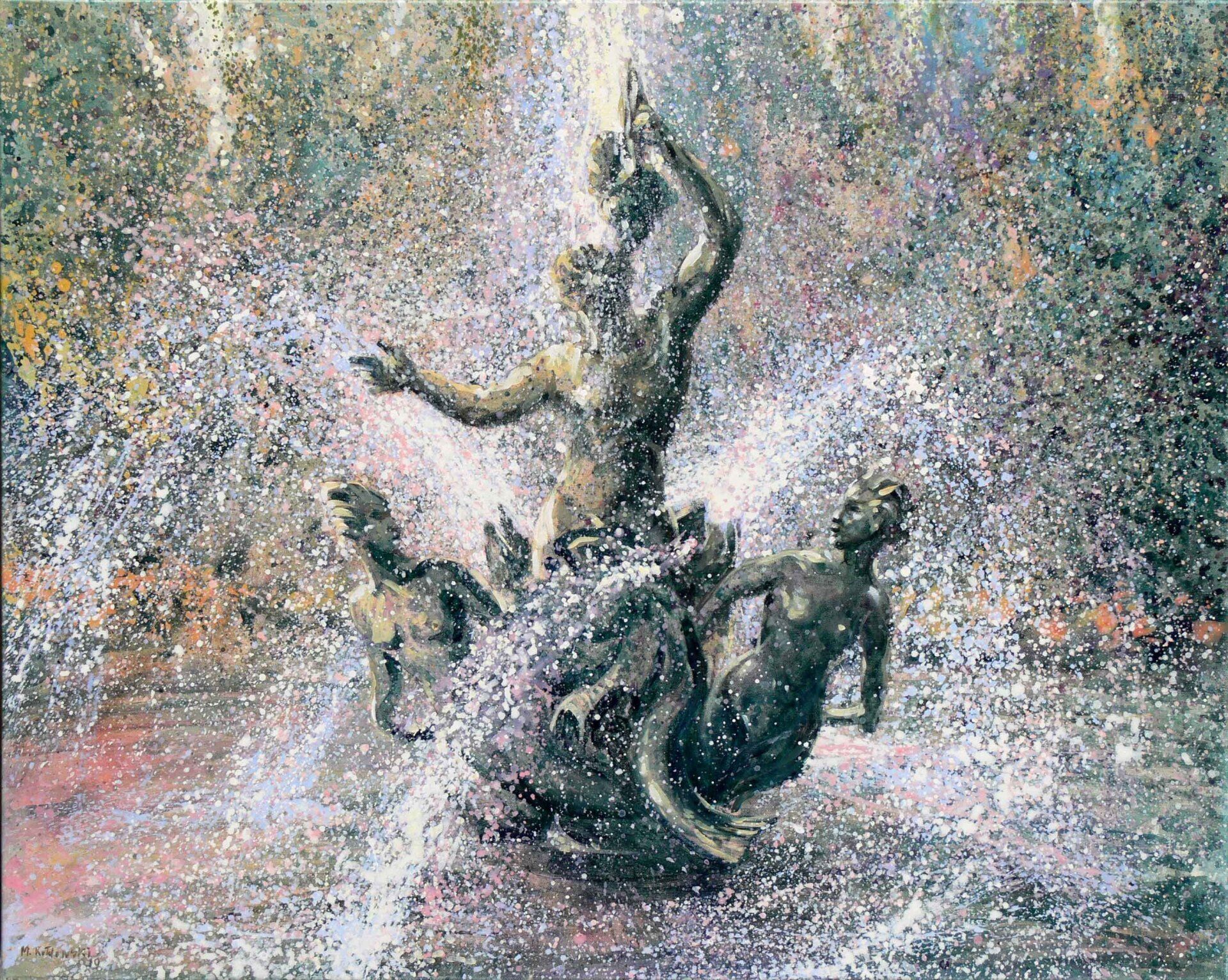 Regent’s Park landscape painting No. 9 by Mariusz Kaldowski — acrylic on canvas, triton fountain in London park