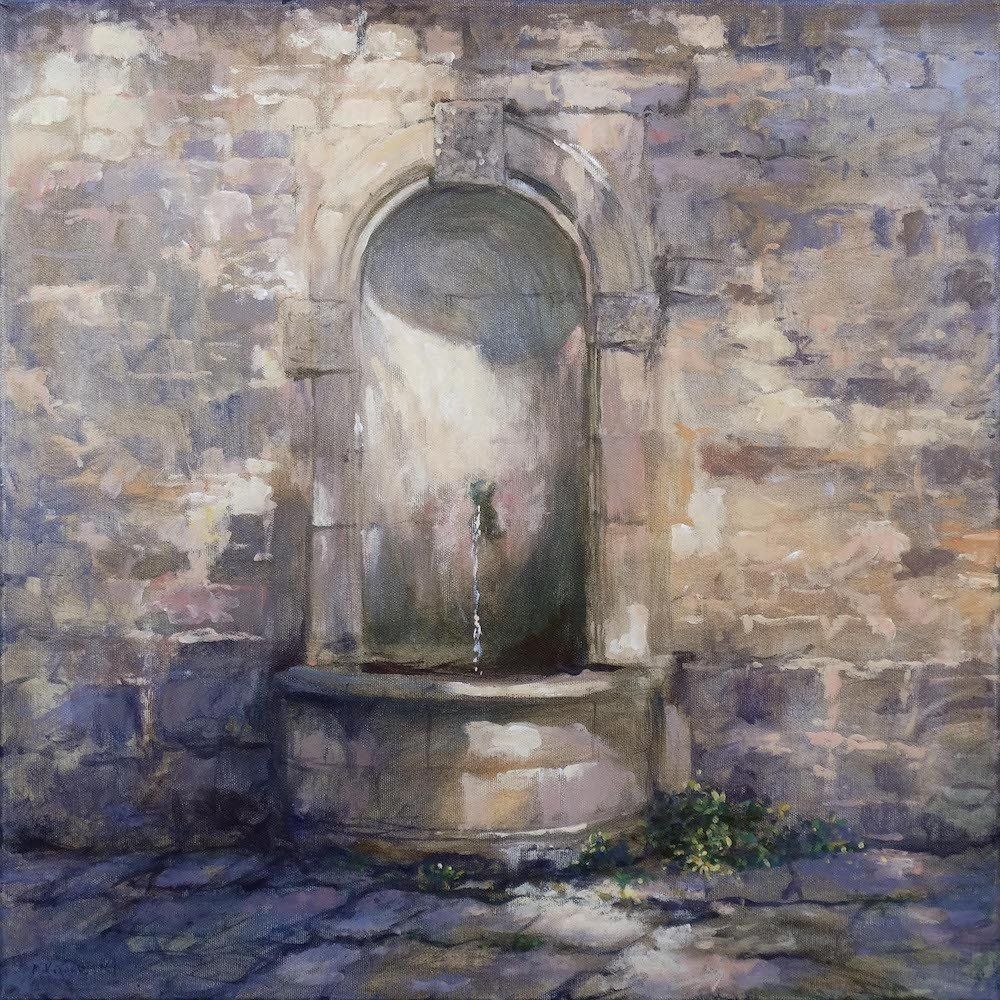 National Trust painting by Mariusz Kaldowski — acrylic on canvas, inspired by a wall fountain at Nymans