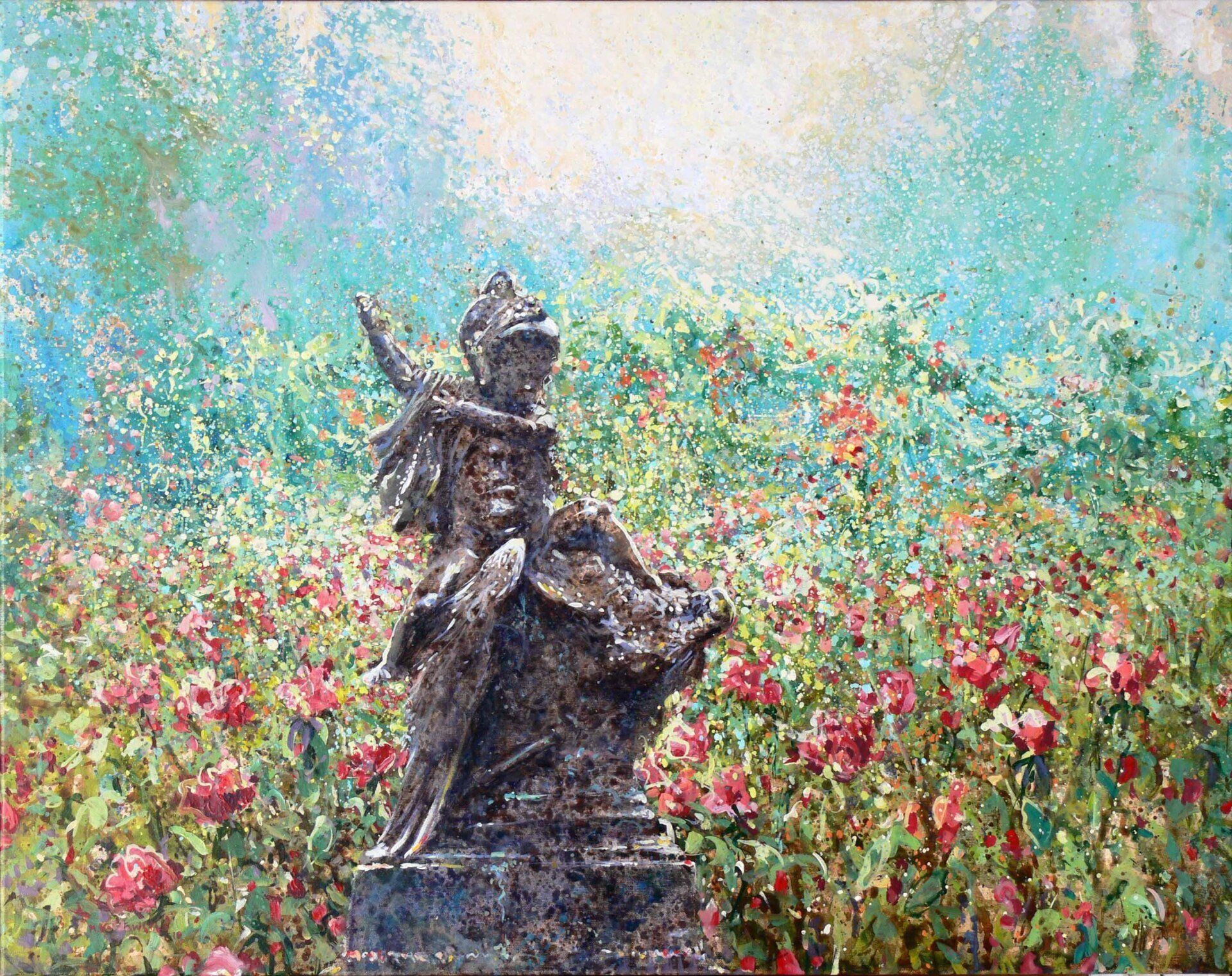 Regent’s Park landscape painting No. 6 by Mariusz Kaldowski — acrylic on canvas, statue in London park.