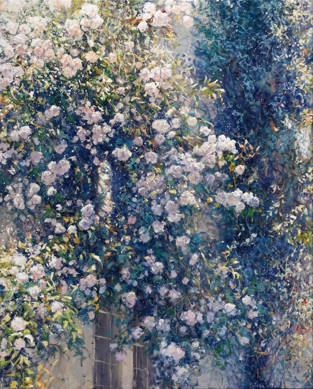 National Trust painting by Mariusz Kaldowski — acrylic on canvas, inspired by climbing rose on a wall at Nymans