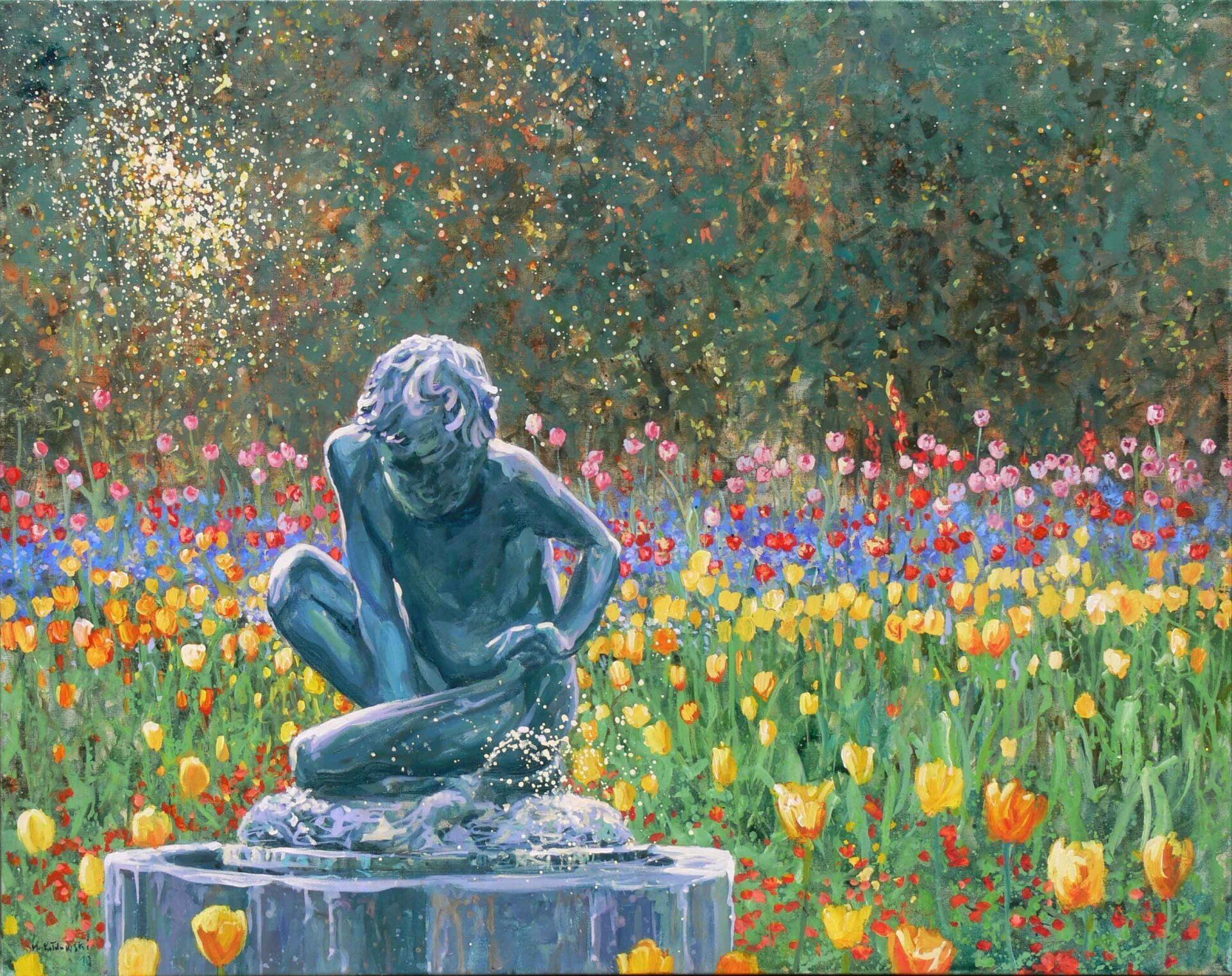 Regent’s Park landscape painting No. 7 by Mariusz Kaldowski — acrylic on canvas, statue of a boy in London park