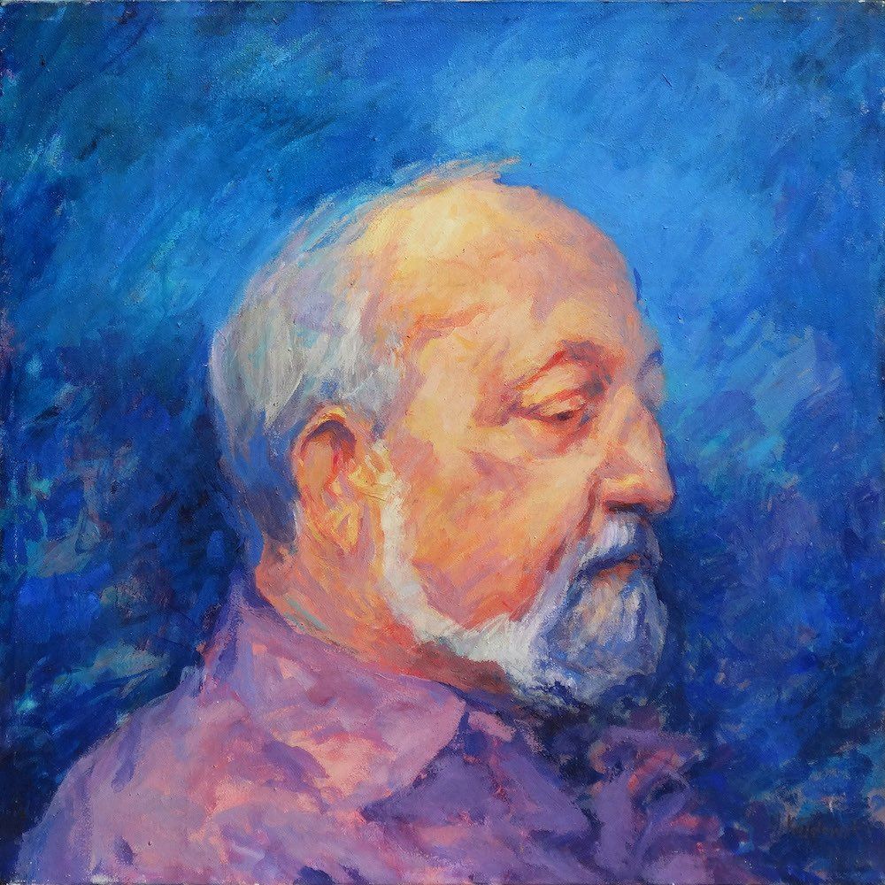 portrait of Krzysztof Penderecki painted by Mariusz Kaldowski, middle panel of triptych