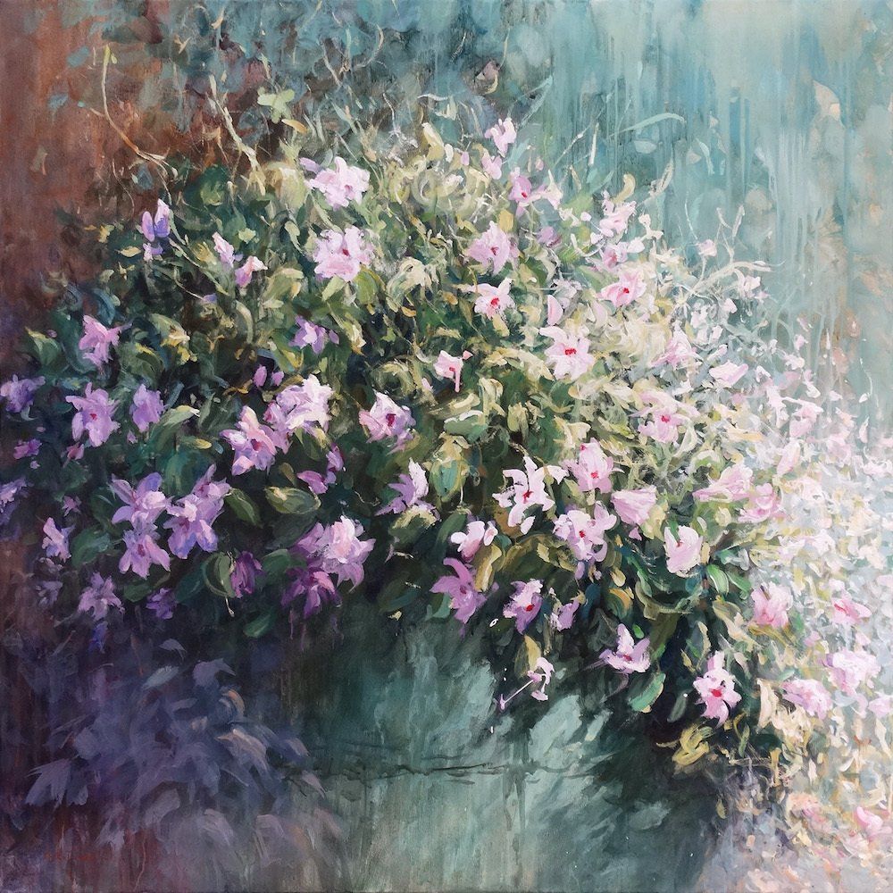 Flower painting “Campanula” by Mariusz Kaldowski — acrylic on canvas, 90 × 90 cm