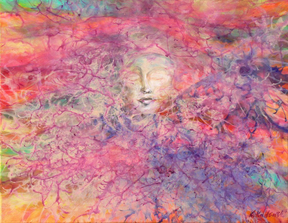 Isadora by Kasia Kaldowski — woman’s face wrapped in flowing ribbon-like forms, acrylic on canvas.
