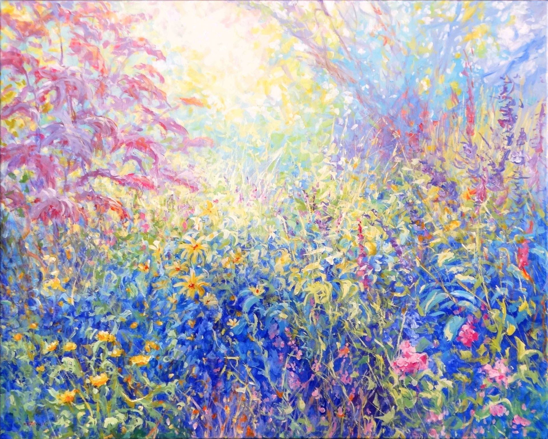 Joie De Vivre – painting by Mariusz Kaldowski, acrylic garden artwork with colourful wildflowers in sunshine