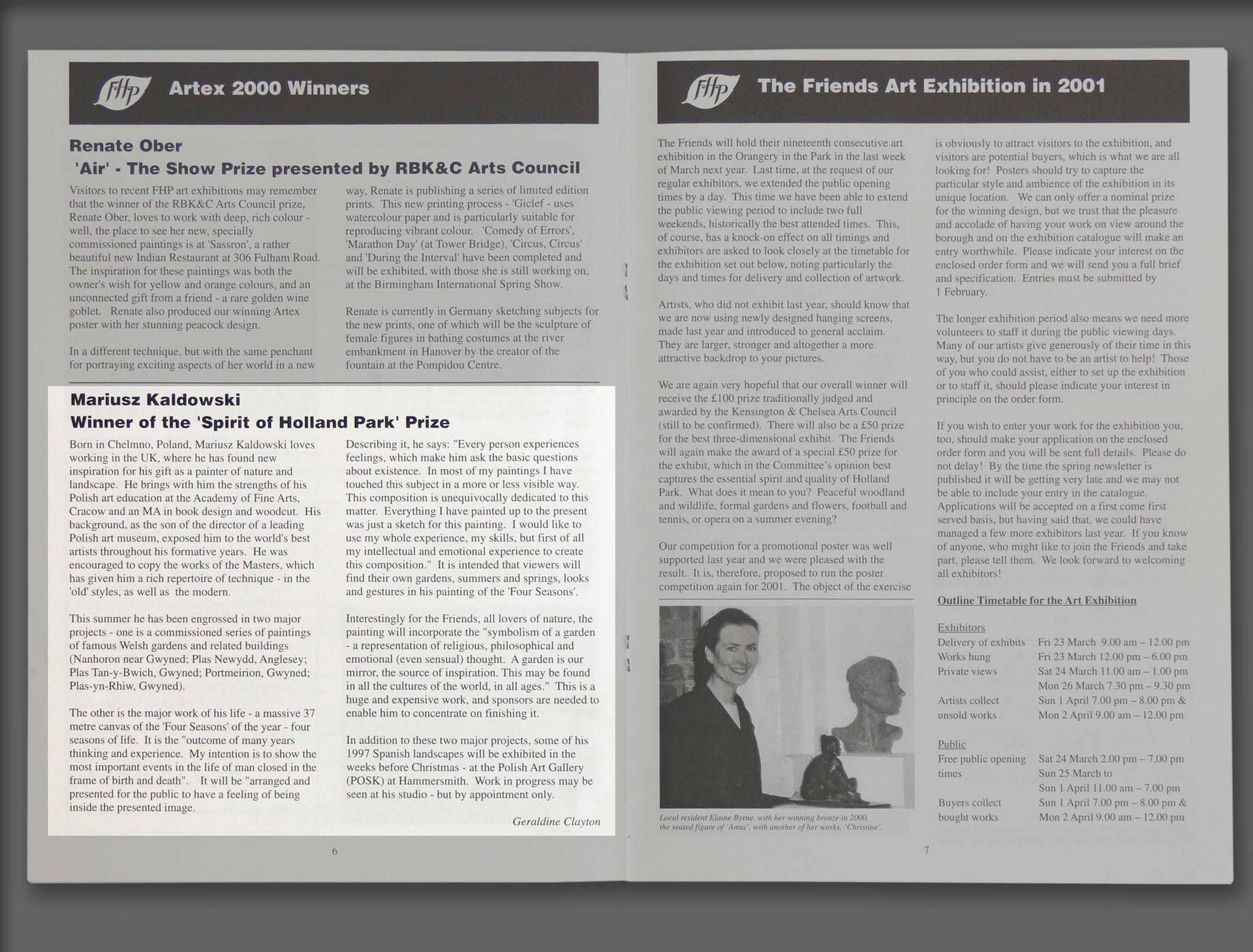 Press article in FHP Magazine about Mariusz Kaldowski winning Holad Park Award (2000)