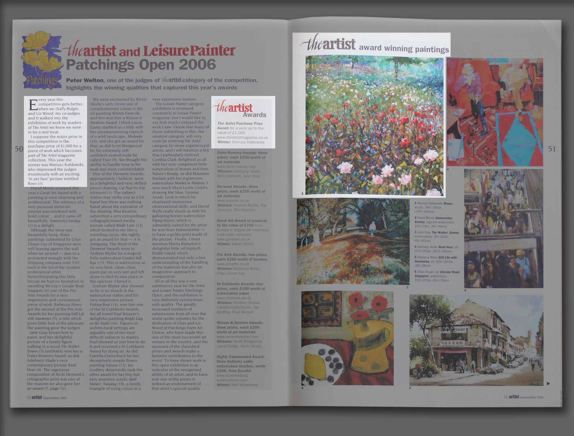 Press article in The artist Magazine about Mariusz kaldowski winning Purchase Prize (2006)