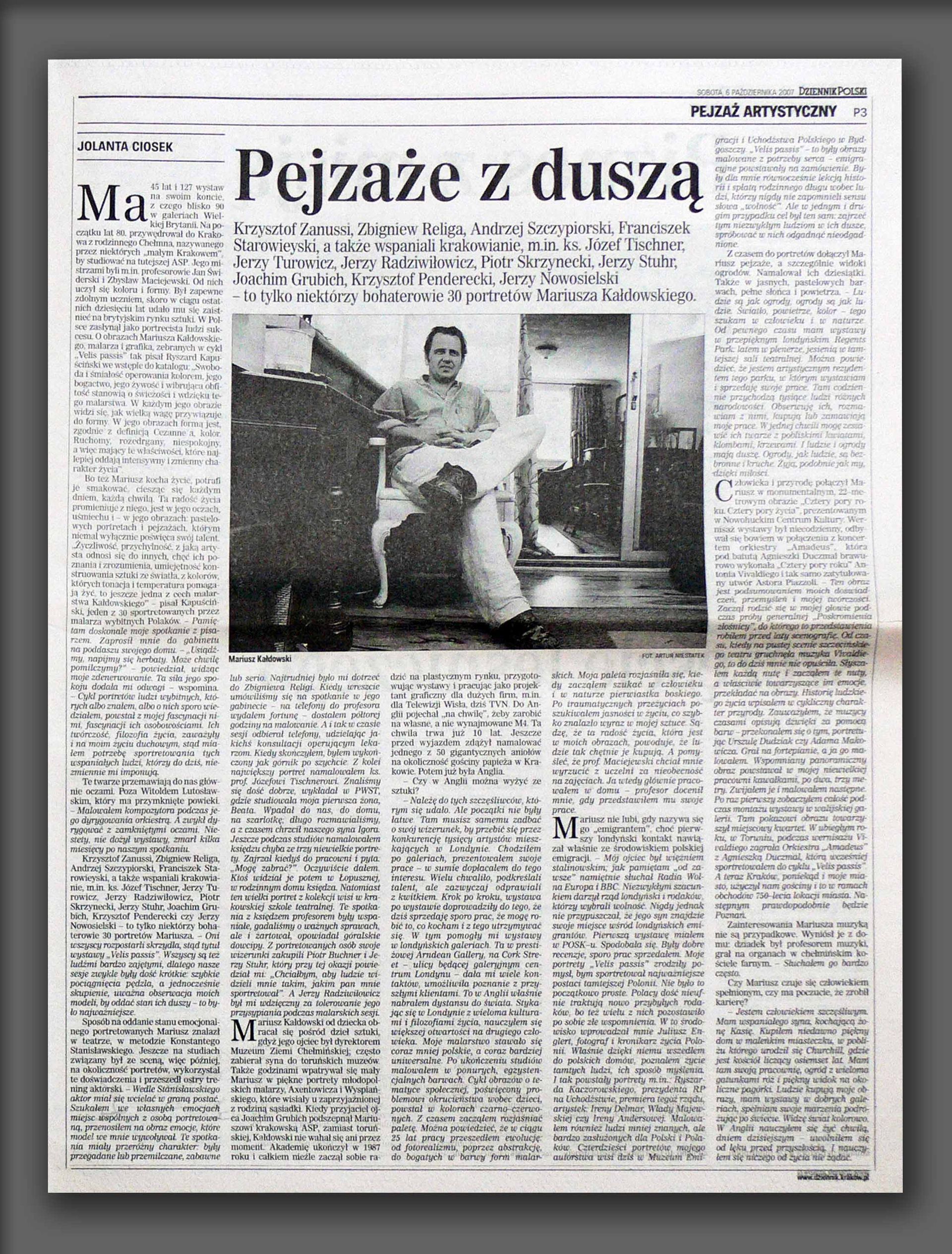 Press article in newspaper Dziennik Polski Kraków (Polish Daily Cracow) about Mariusz Kaldowski and his art (2007)