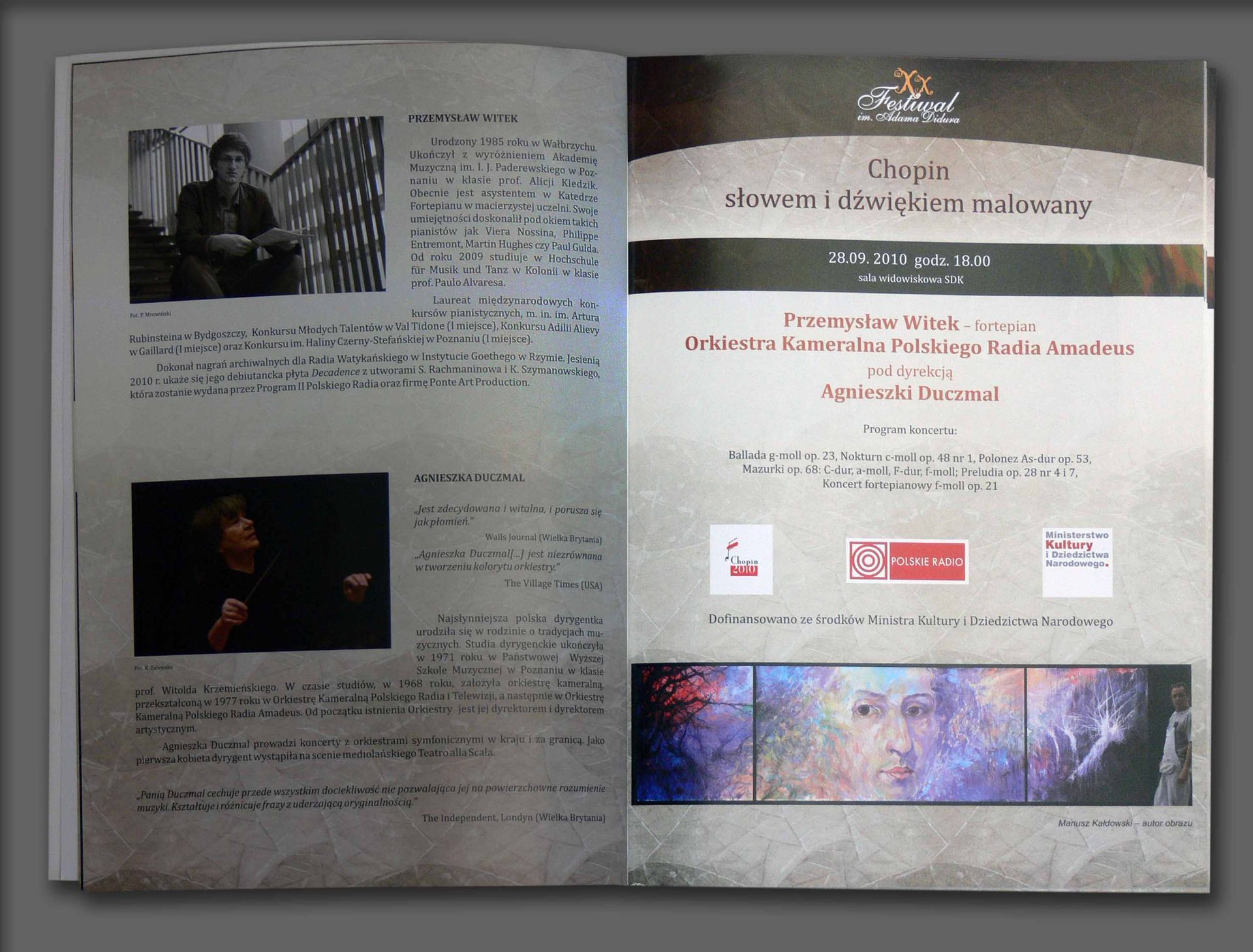 An article in the catalogue A. Didura Festival about Mariusz kaldowski and his portrait of Chopin (2010)