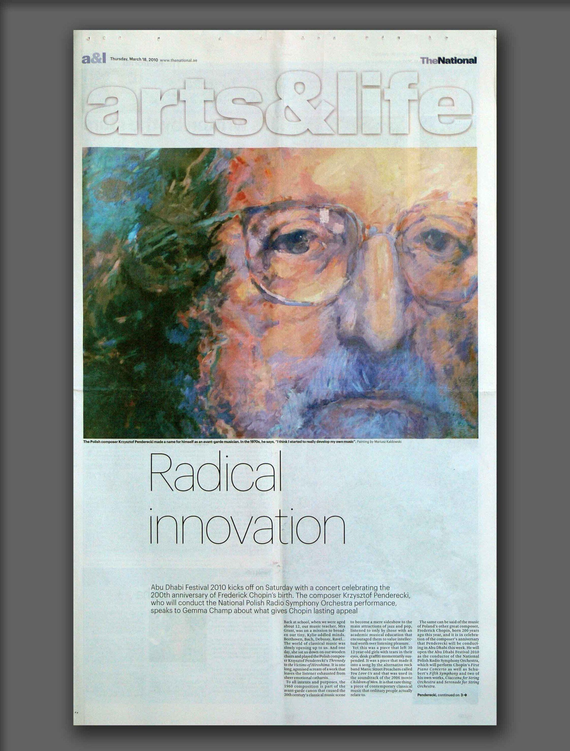 article on Krzysztof Penderecki in National Dubai newskaper with portrait of Krzysztof Penderecki by Mariusz Kaldowski