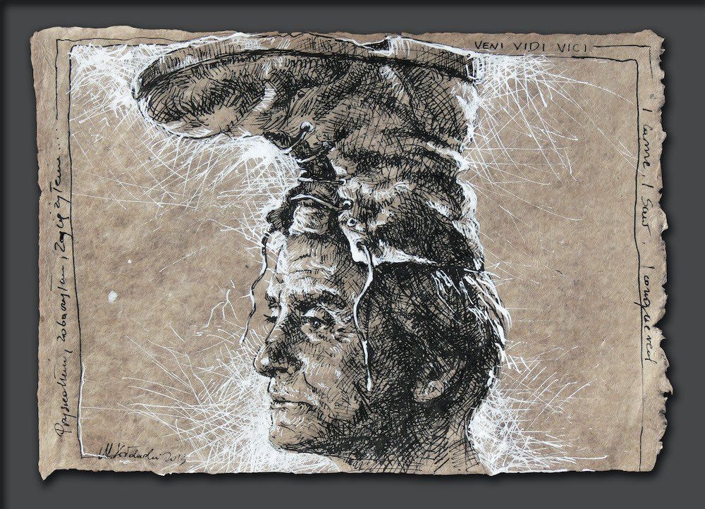 Expressive drawing in pen and ink of an old man with boot on his head by Mariusz Kaldowski