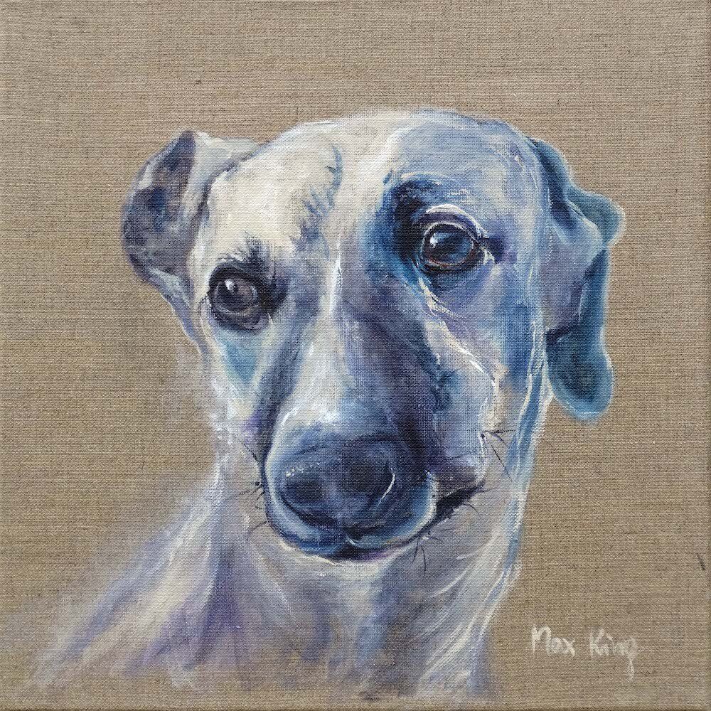 Painting of greyhound dog in acrylics on a raw canvas by Kasia Kaldowski