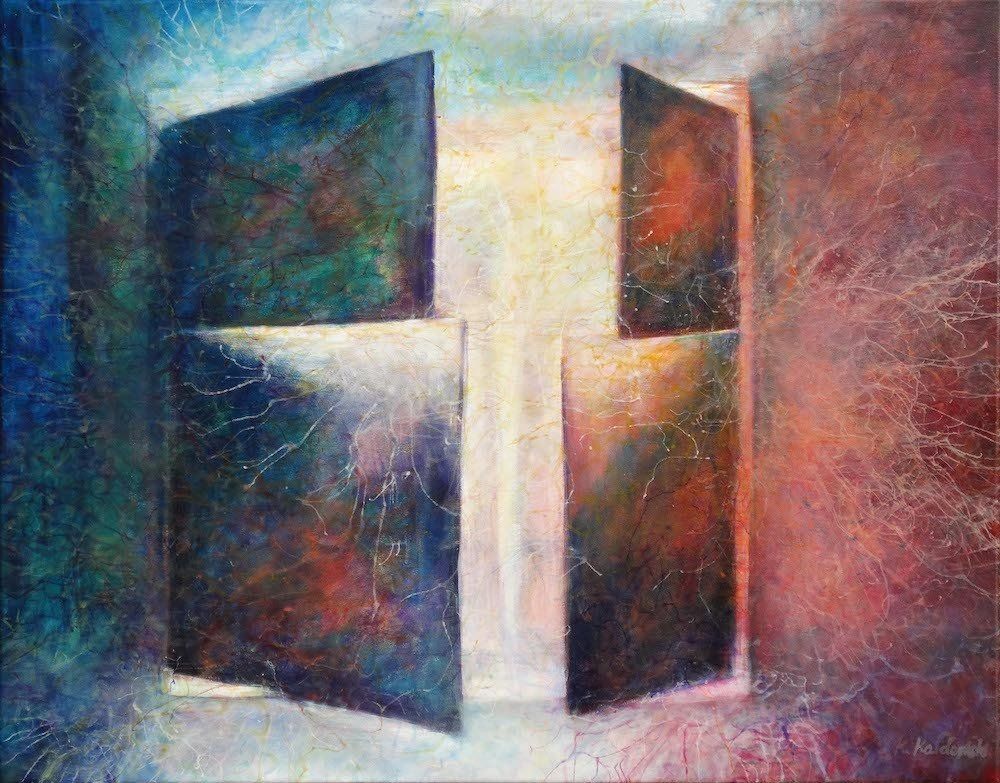 Kasia Kaldowski abstract painting — vivid colours merging into geometric of an open window with sun coming through.