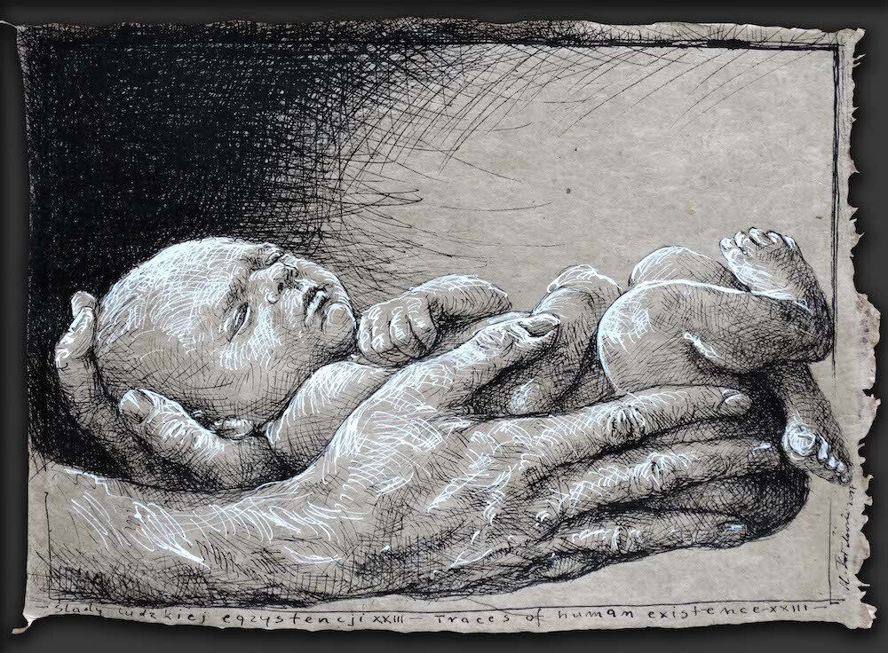 Expressive drawing of a new born baby in male's hands by Mariusz Kaldowski
