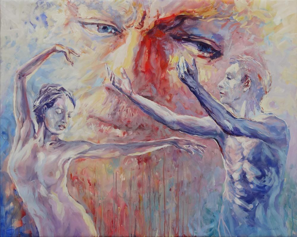 In Between 1 — nude ballet dancers, acrylic on canvas by Mariusz Kaldowski
