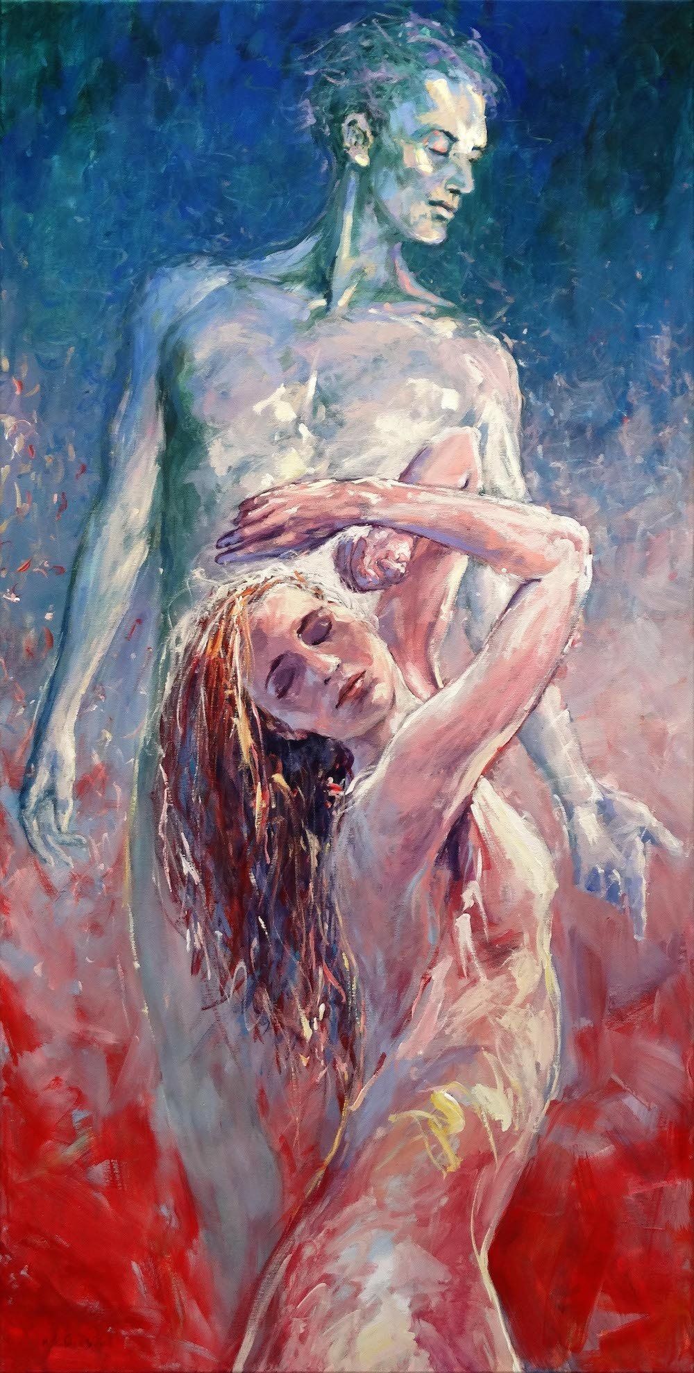In Between 2 — nude ballet dancers in motion, acrylic on canvas by Mariusz Kaldowski