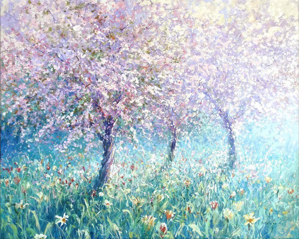 Landscape painting “Cherry Trees” by Mariusz Kaldowski — acrylic on canvas, 80 × 100 cm