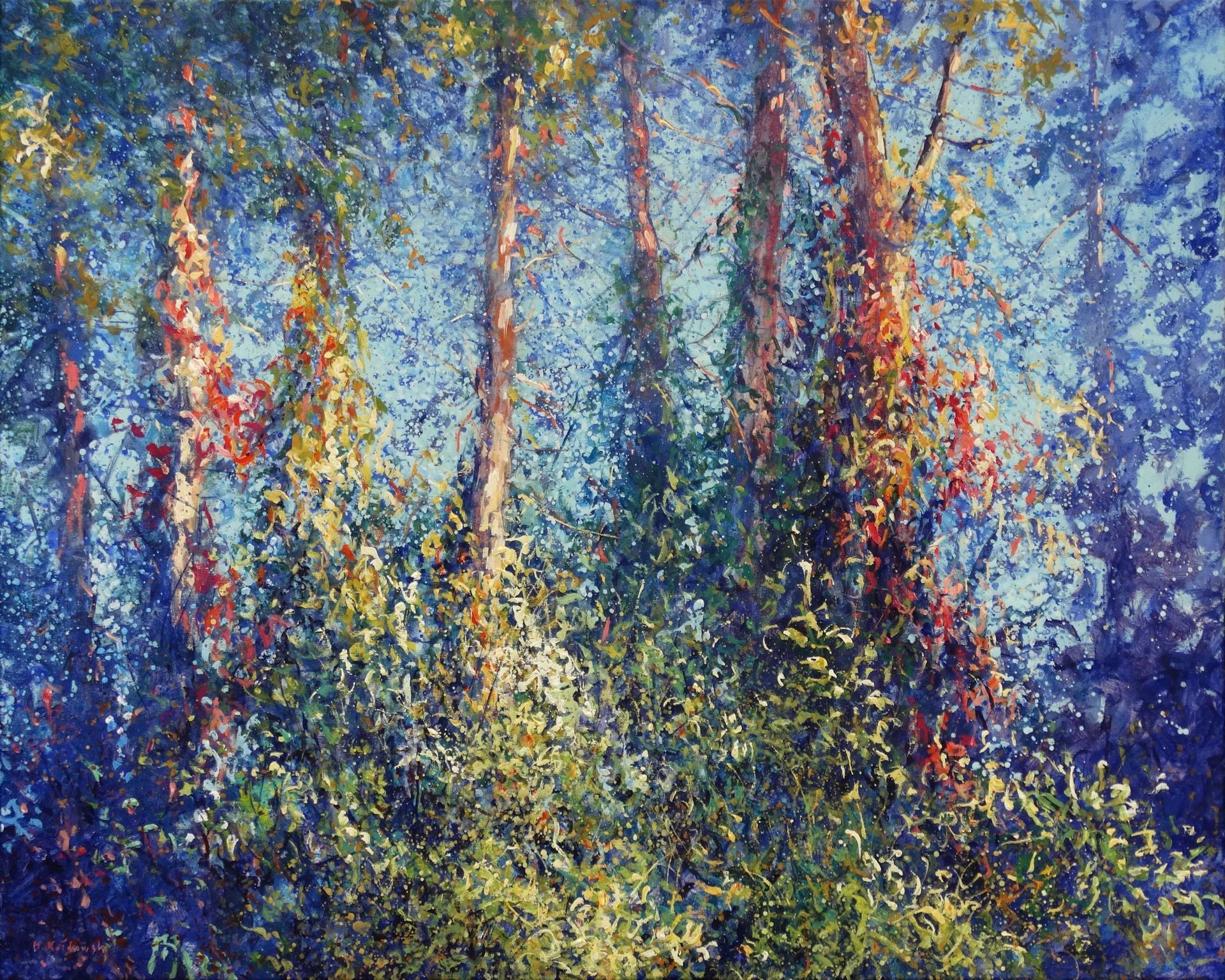 Painting by Mariusz Kaldowski – acrylic woodland landscape with a forest trees entwined in scarlet virginia creeper