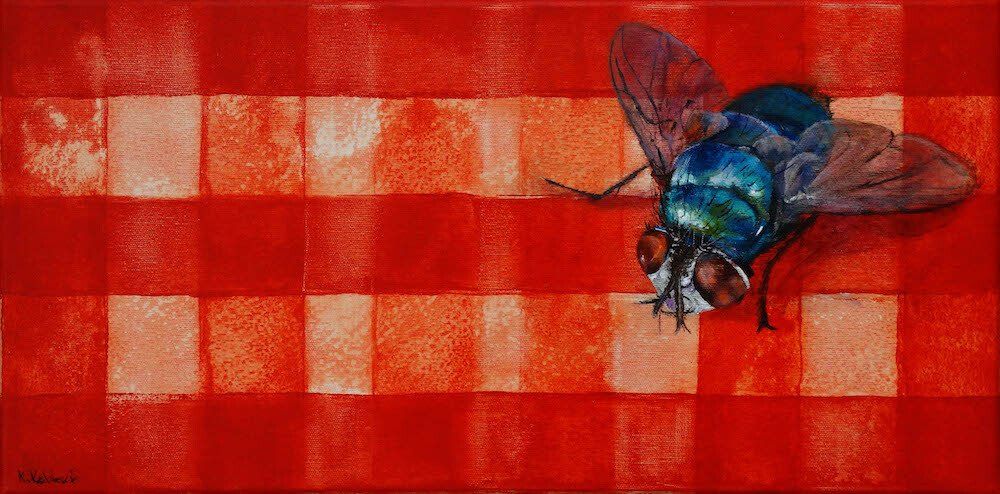 Painting of a fly on a red chequered cloth by Kasia Kaldowski