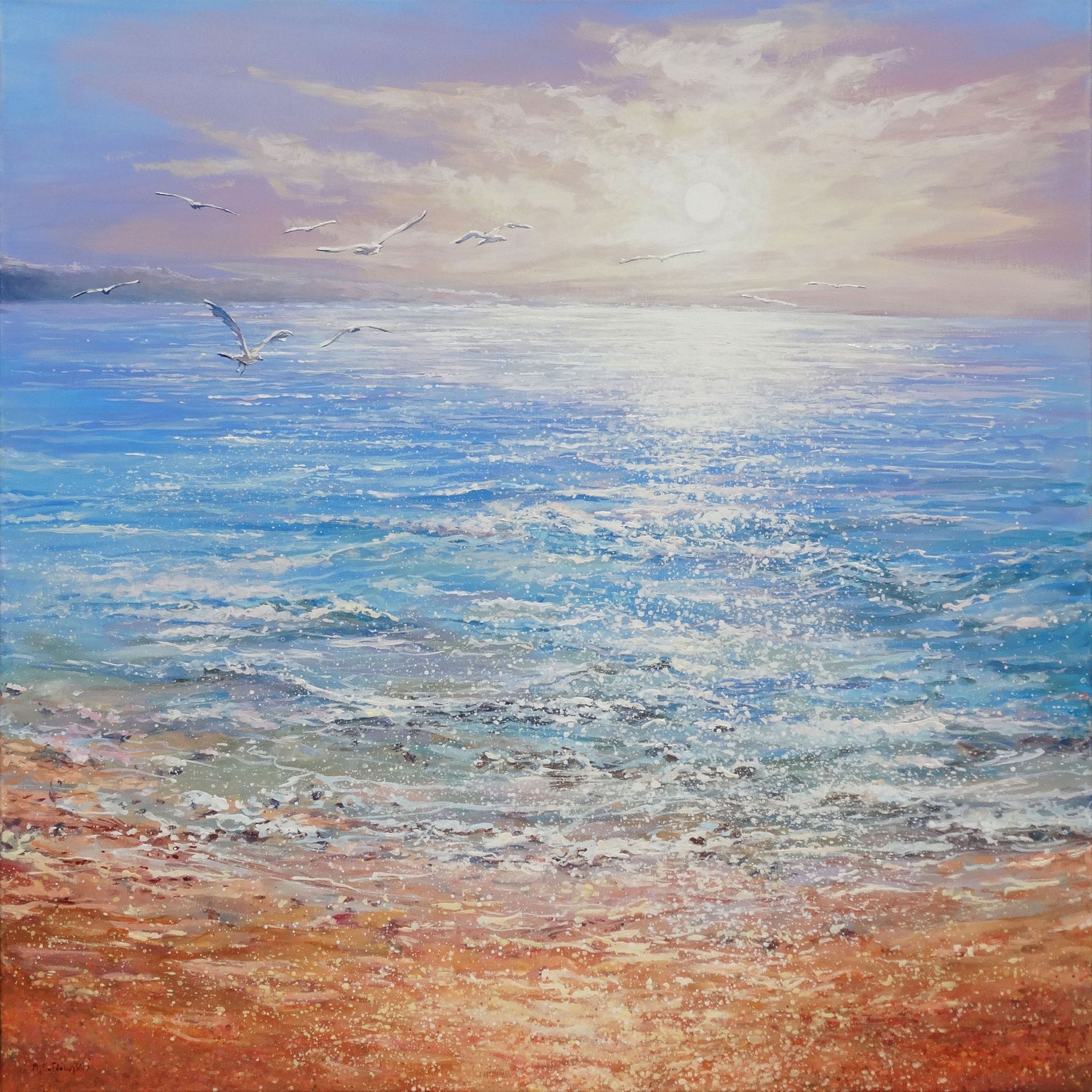 Painting by Mariusz Kaldowski – acrylic seascape artwork with soft dawn light over the ocean