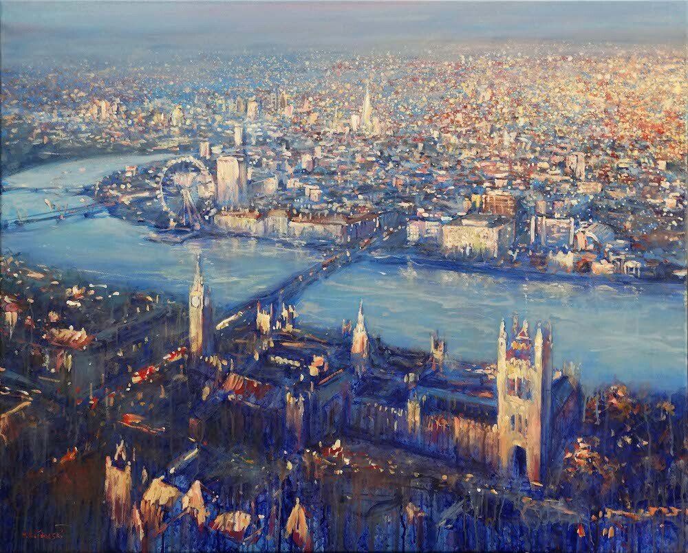 Westminster Birds Eye View — London panorama by Mariusz Kaldowski, acrylic cityscape.