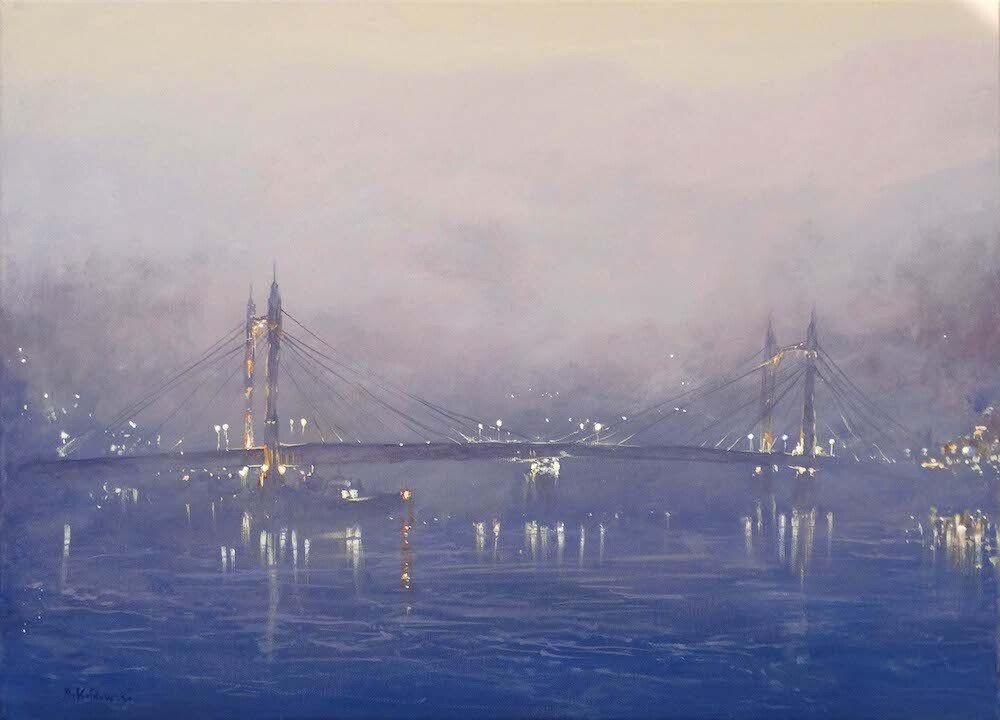 Albert Bridge in the Mist — atmospheric London bridge painting by Mariusz Kaldowski.