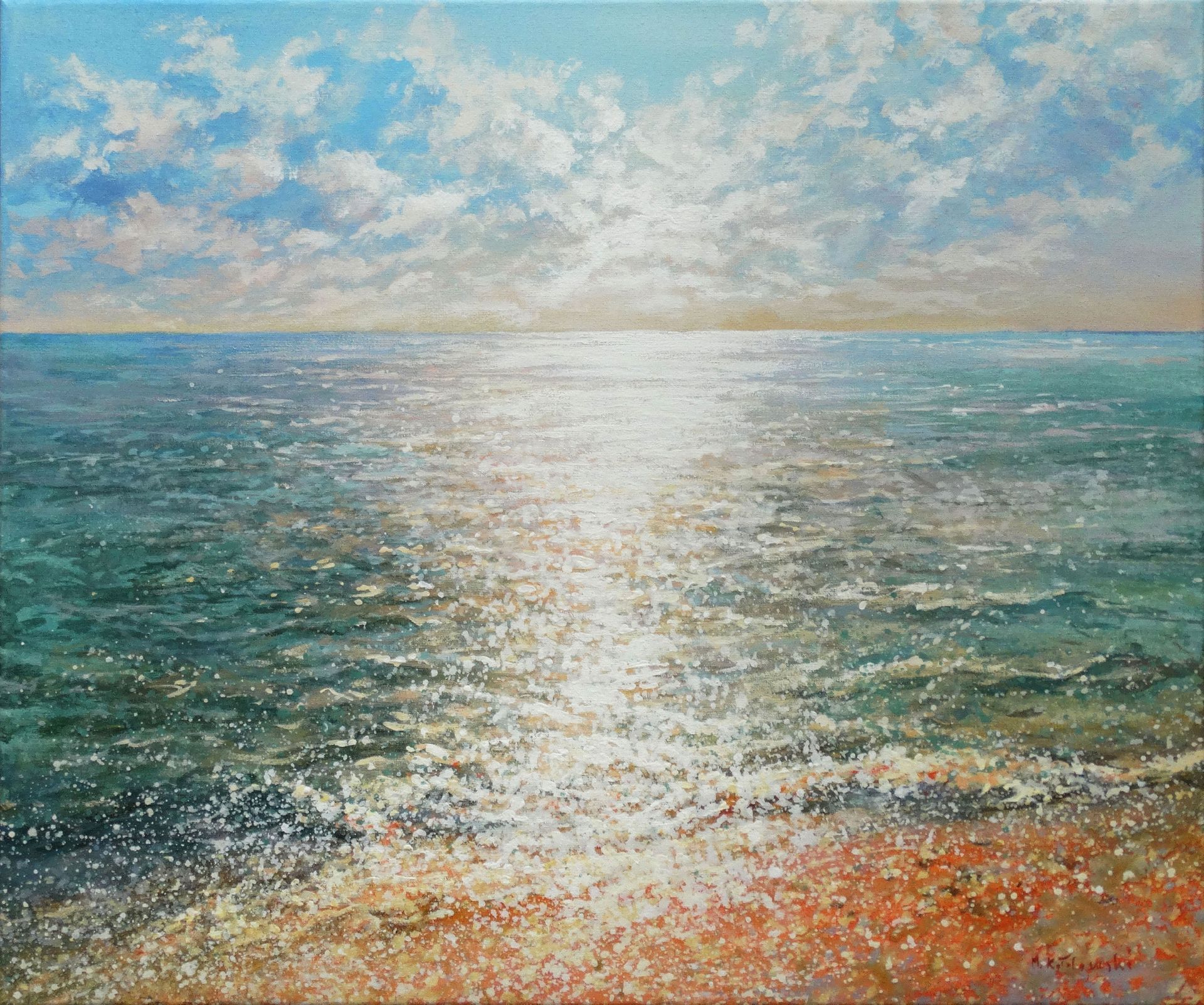 Painting by Mariusz Kaldowski – acrylic seascape artwork with waves under a clear bright sky