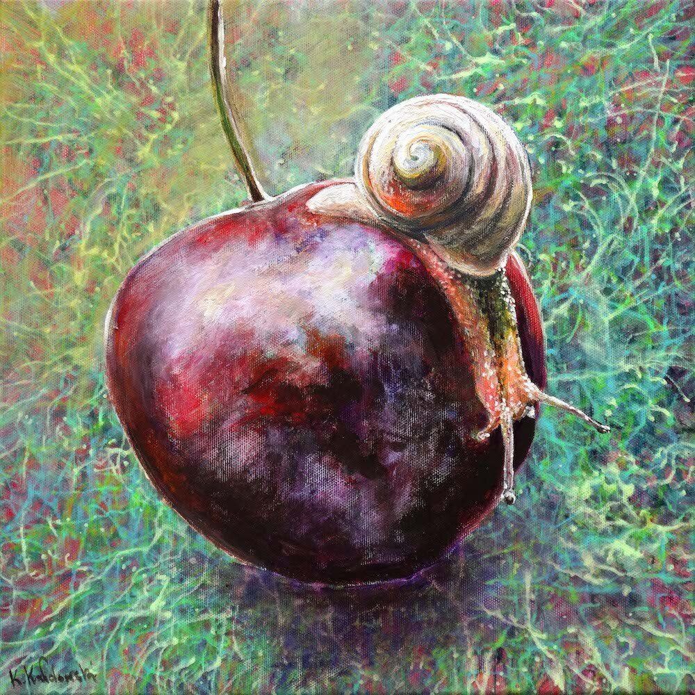 Painting by Kasia Kaldowski of a snail and a cherry.