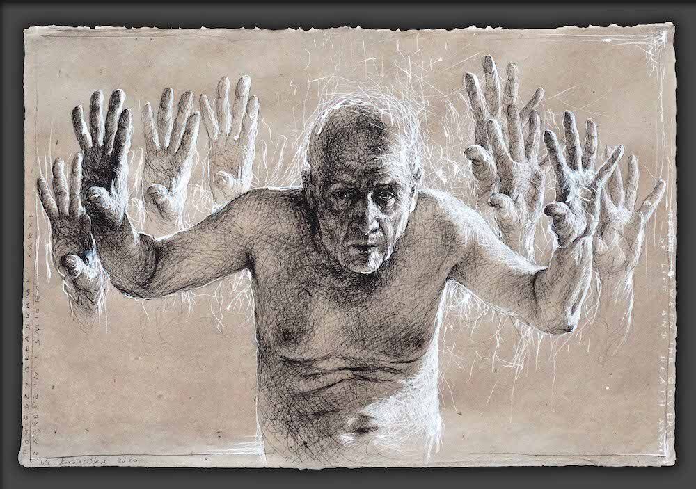 Pen and ink drawing of a standing male figure with many hands by Mariusz Kaldowski