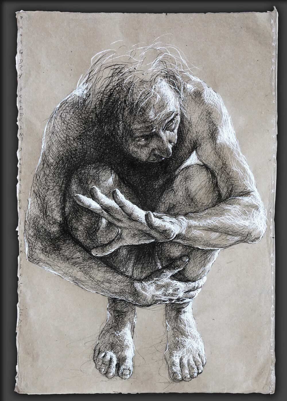 Figure study drawing in pen and ink of a crouching naked man by Mariusz Kaldowski