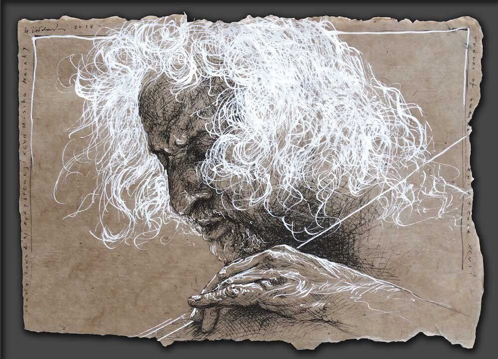 Pen and Ink portrait drawing of Misha Maisky by Mariusz Kaldowski