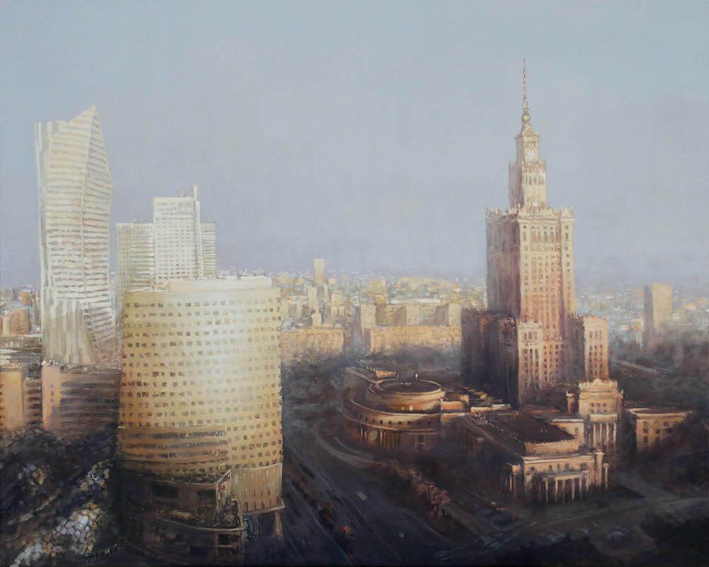 Warsaw — city painting by Mariusz Kaldowski, capturing Polish capital skyline in his style.